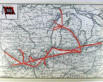 Chemin de fer Wabash - Carte de l'itinéraire originale de 1927. Chemin de fer vintage