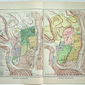 "Original 1891-Karte vom antiken & ""modernen"" Jerusalem von Hunt und Eaton. Antikes Original