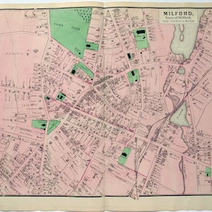 Milford (Massachusetts). Große 1870 Street Map von FW Beers. Hand gefärbt. Antike Original-Karte.