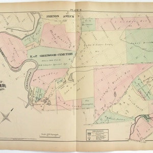 Large Original 1876 Map of the Lawncrest & Frankford Section of Philadelphia, PA. Antique