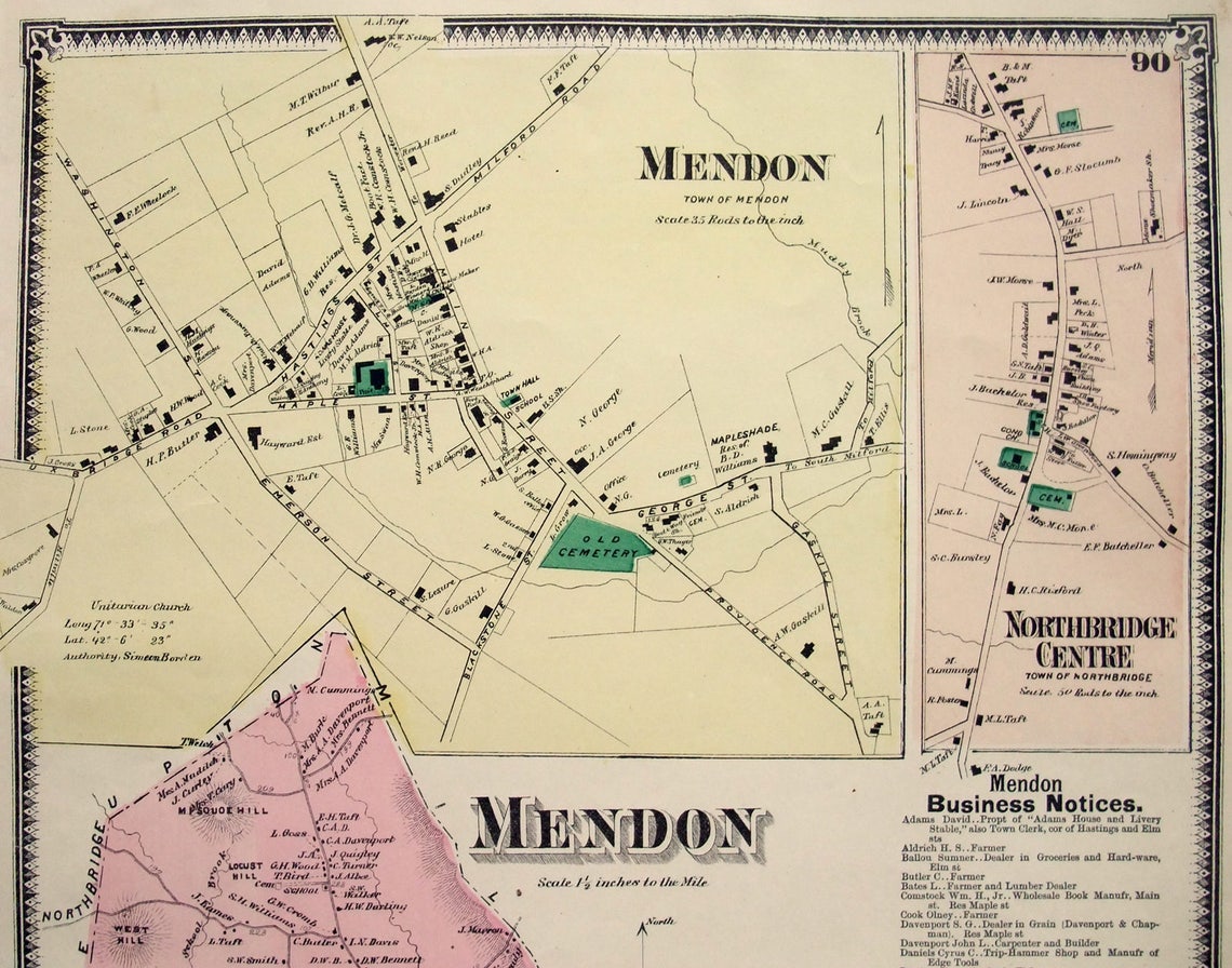 Mendon Massachusetts. 1870 Map by FW Beers. Hand Colored. Etsy