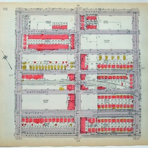 May include: A vintage map of a city block with streets and numbered lots. The map is printed on a light beige paper with pink and yellow highlights. The streets are labeled with names like "Sixty First", "Sixty Second", and "Nineteenth".