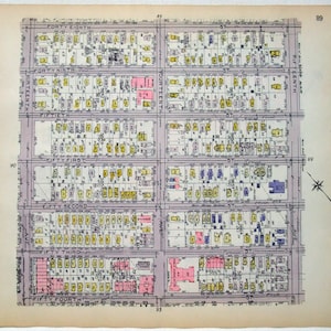 May include: A vintage map of a city with street names and numbered blocks. The map is printed on a light beige paper with purple and blue lines. The map shows the area between 48th and 54th streets and 13th and 15th avenues.