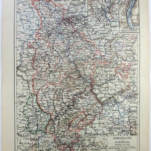 Original 1908 Landkarte Rheinland, Deutschland von Meyers. Antikes Rheinland