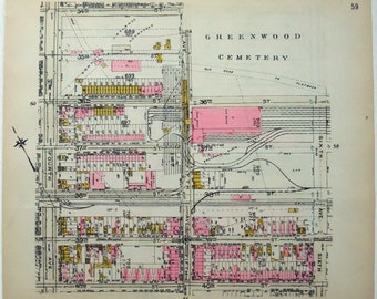 Partes de Sunset Park, Brooklyn - Second Ave a Sixth Ave de 34th a 40th Streets - Mapa original de 1920 por Belcher Hyde. antiguo