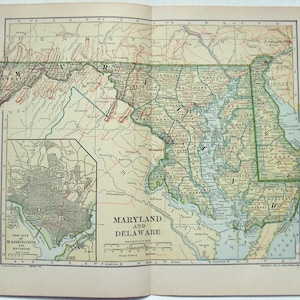 Originele 1912 gedateerde kaart van Maryland en Delaware door Dodd Mead and Company. Antiek