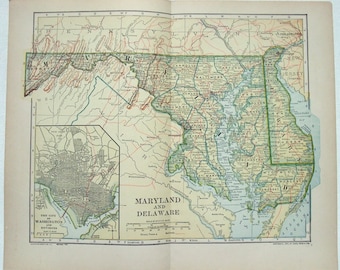 Original 1912 Dated Map of Maryland & Delaware by Dodd Mead and Company. Antique