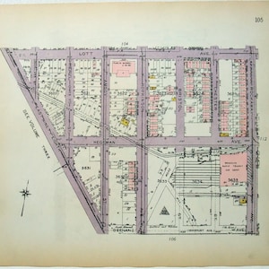 May include: A vintage map of a neighborhood in Brooklyn, New York, with street names and house numbers. The map is printed on a cream-colored paper with purple and pink markings. The map shows the streets of East 98th Street, Herzl, Amboy, Hegeman, Hopkinson, Bristol, Chester, and Rockaway Avenue.