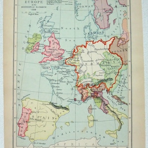 Carte vintage de l'Europe occidentale en l'an 1558 - Lors de l'avènement d'Élisabeth - Publiée en 1905 par Longmans Green