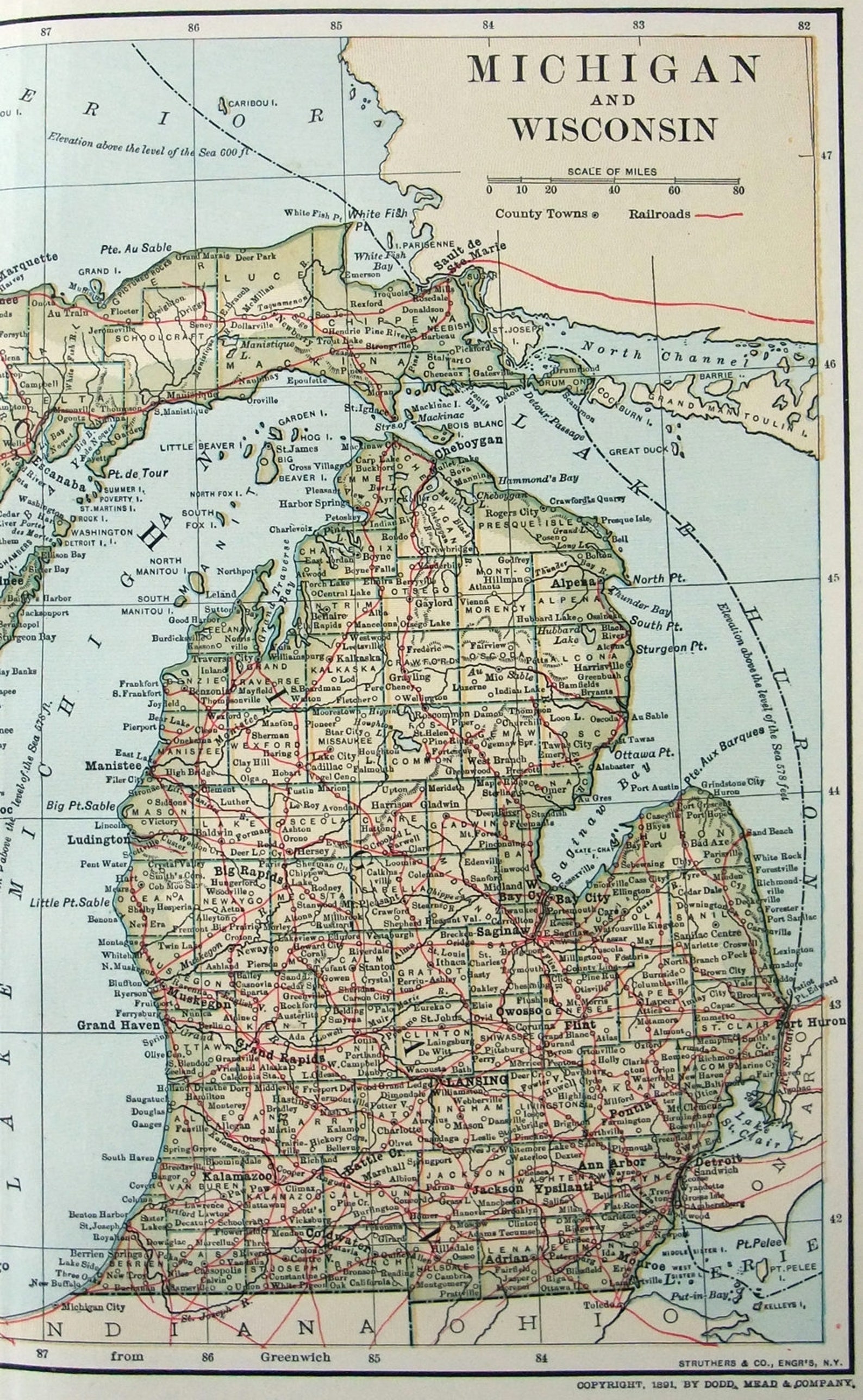 Original 1893 Map of Michigan & Wisconsin by Dodd Mead and Etsy