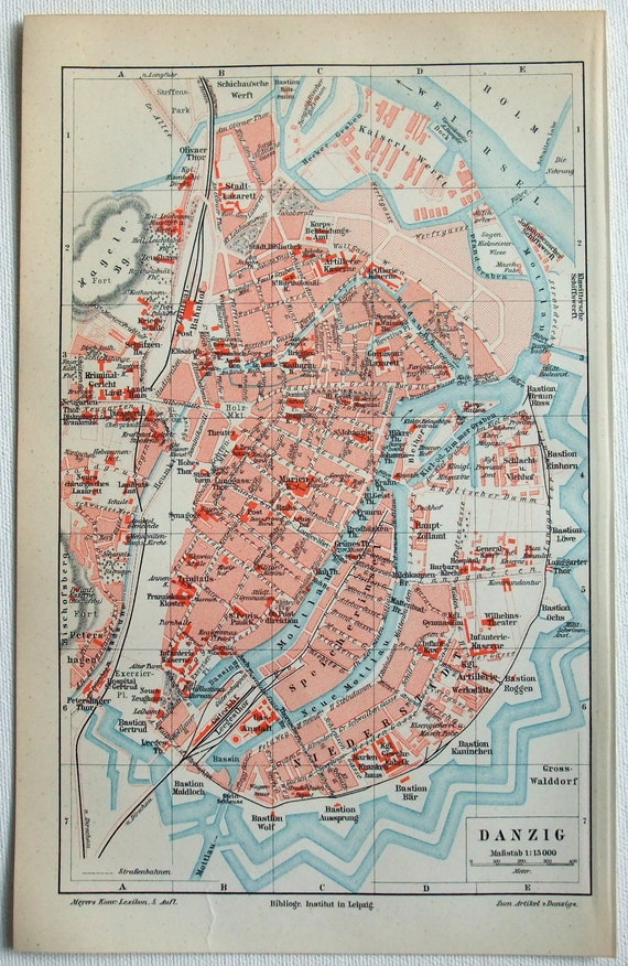 Danzig - Original 1894 City Map by Meyers. Antique Original