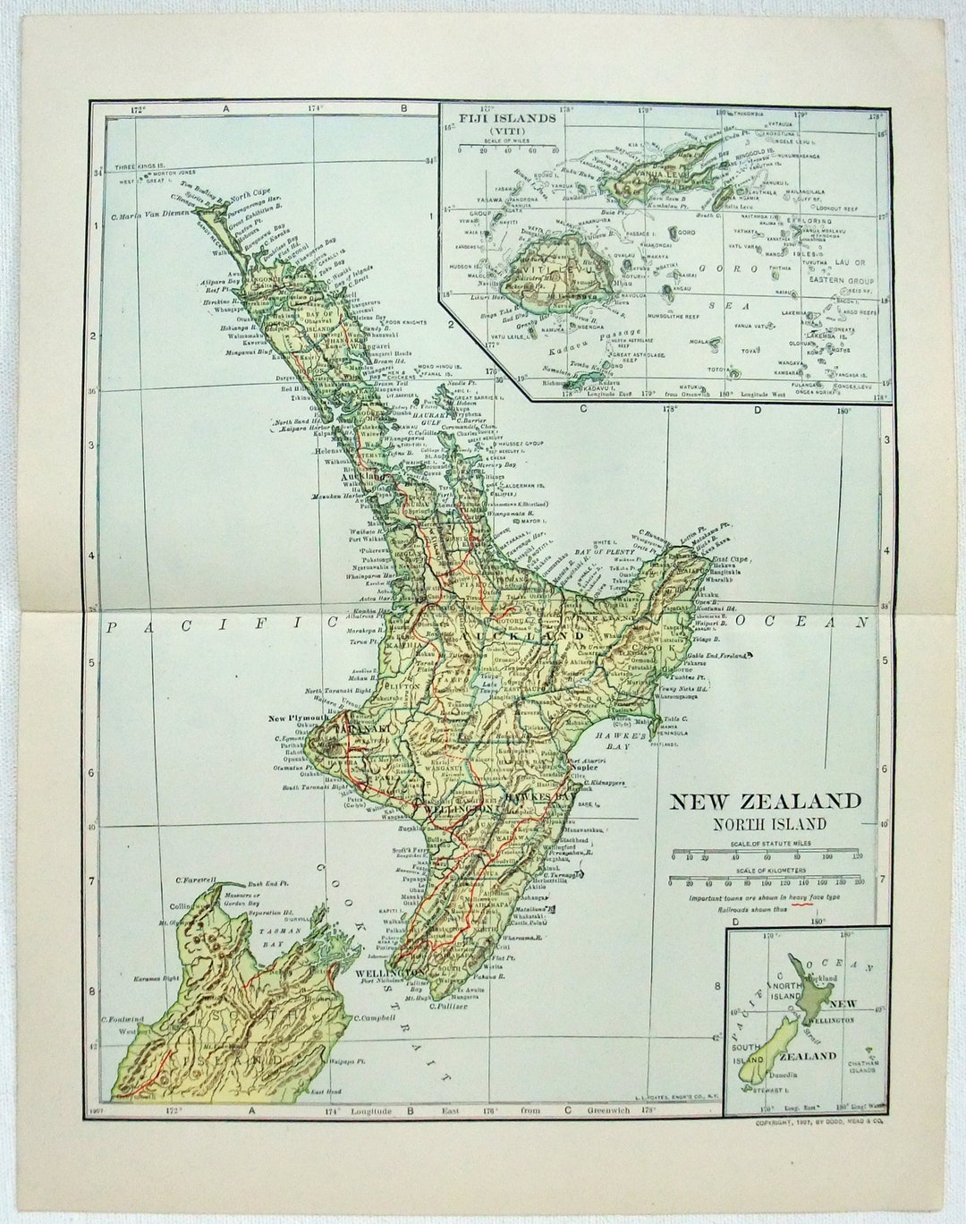 New Zealand North Island Original 1907 Dated Map by Dodd Mead — free download
