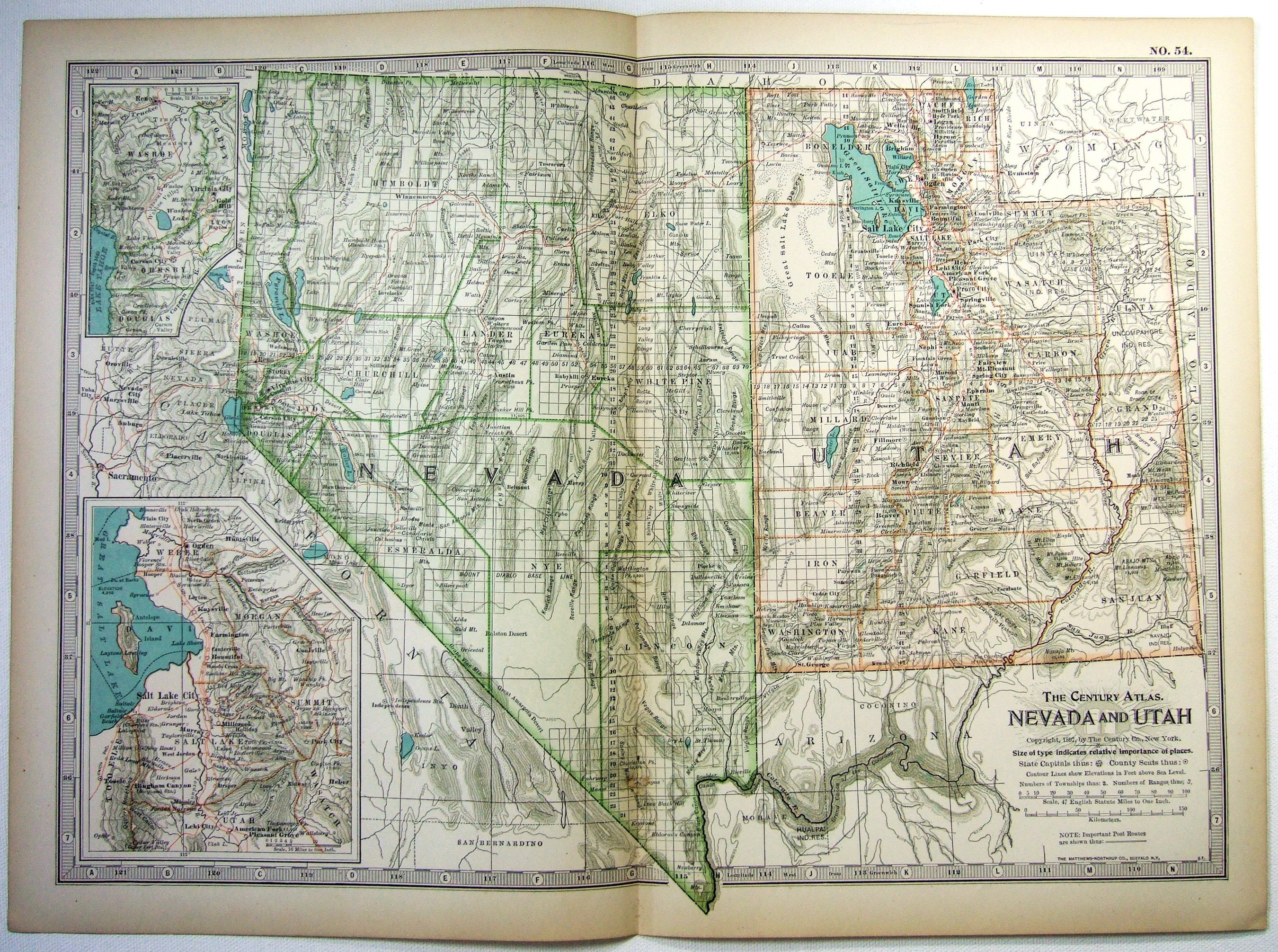 Nevada & Utah - Original 1897 Map by The Century Company. Antique