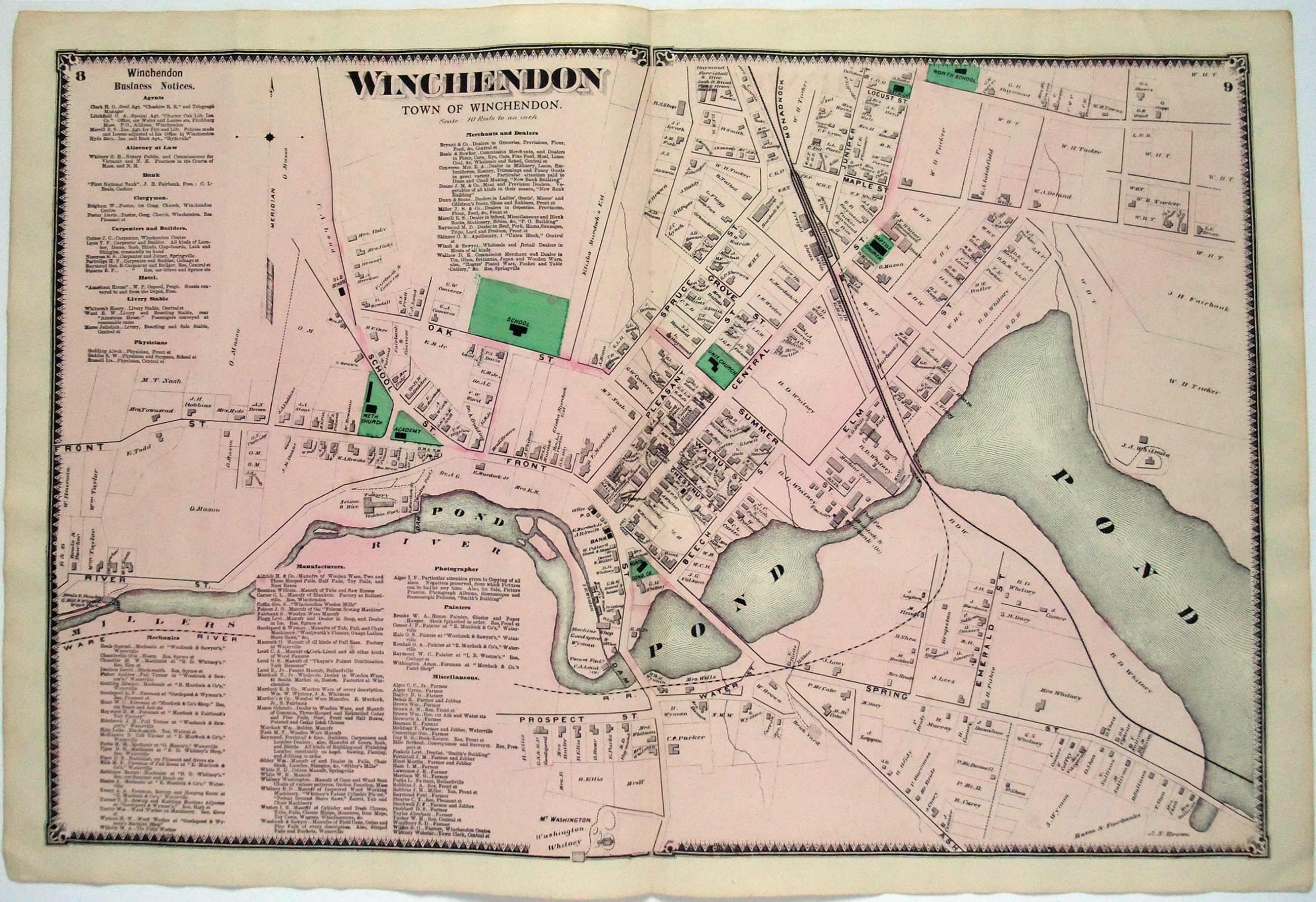 Winchendon Massachusetts. Large 1870 Street Map by FW Beers. Etsy
