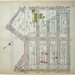 East Flatbush &Brownsville, Brooklyn - Remsen Ave a E98th St desde Church Ave hasta Lenox Road - Mapa original de 1921 de Belcher Hyde. antiguo