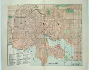 Baltimore, Maryland - Original 1895 Street and Railroad Map by Hunt & Eaton. Antique