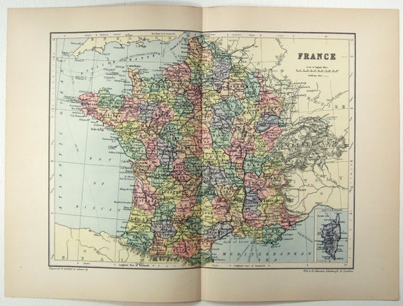 France - Original 1895 Map by W & A. K. Johnston. Antique - Etsy