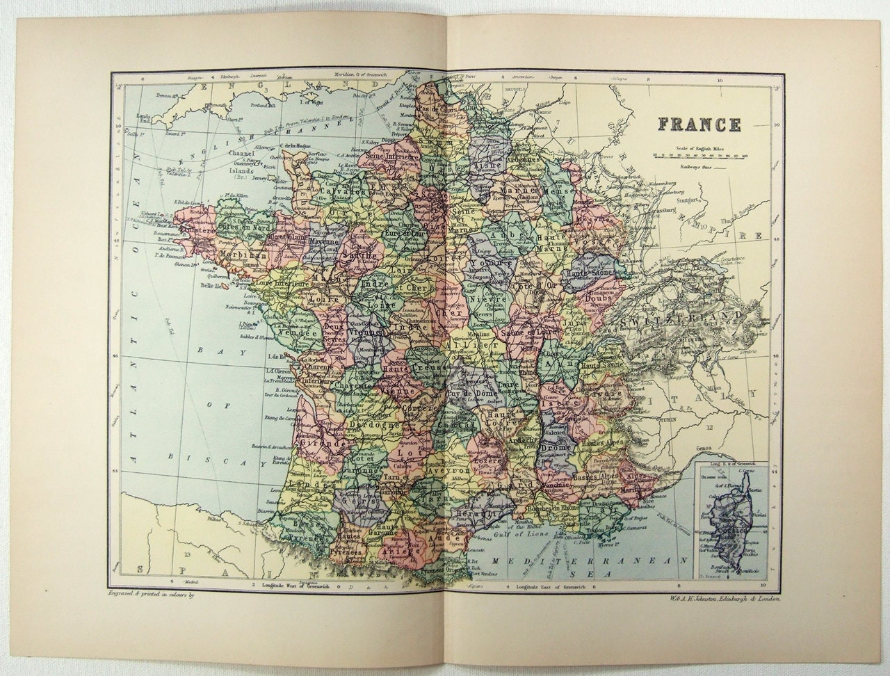 Original 1895 Map of France by W & A. K. Johnston. Antique | Etsy