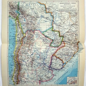Argentina, Chile, Bolivia, Uruguay & Paraguay - Original 1931 German Map by Meyers. Vintage