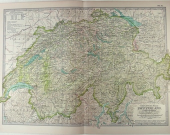 Carte originale de 1902 de la Suisse et du Liechtenstein par The Century Company. Antique