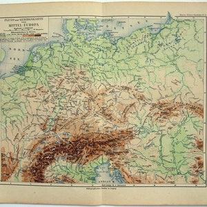 1892 Carte physique de l’Europe du Milieu par Meyers. Antique Original