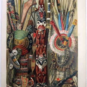 May include: A vintage educational print titled Indianische Kultur I featuring a central totem pole surrounded by various artifacts including spears, arrows, a circular shield, feathered headdresses, and carved wooden bowls with numbered labels throughout.