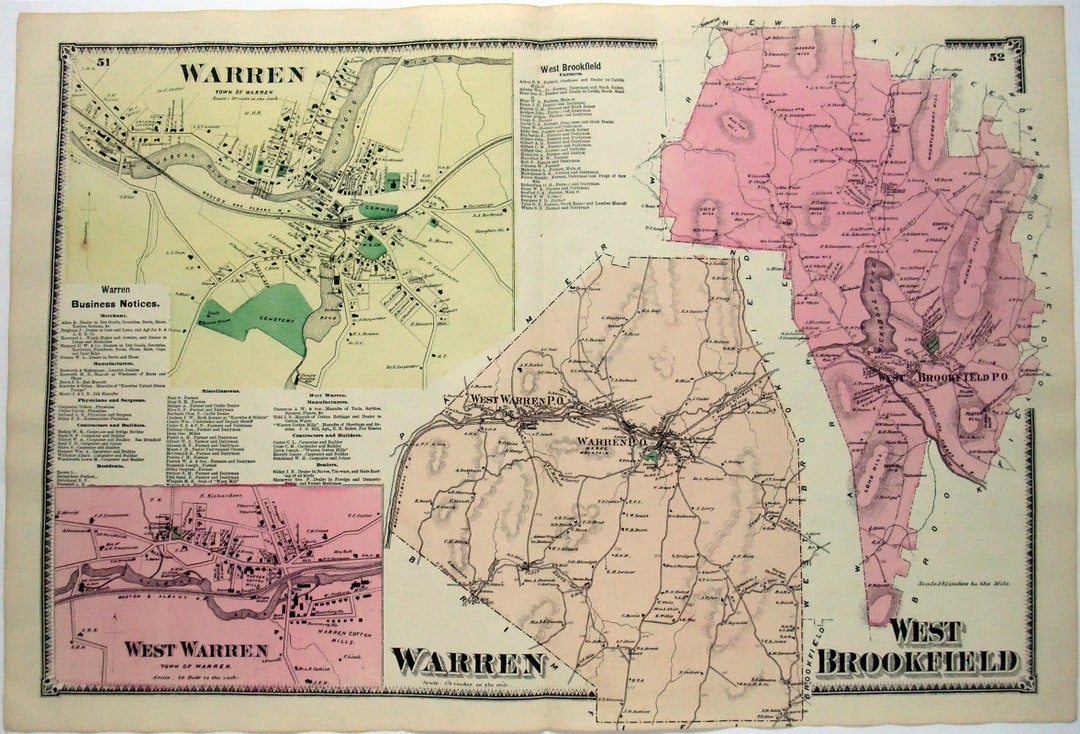 Warren, West Warren & West Brookfield, Massachusetts. 1870 Map by FW