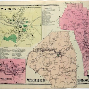 Warren, West Warren & West Brookfield, Massachusetts. 1870 Karte von FW Beers. Hand gefärbt. Antike Original-Karte