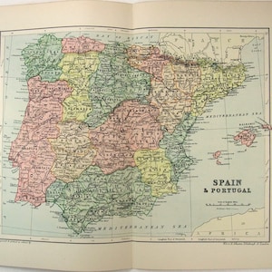 Spanien + Portugal - Original 1895 Karte von W & A. K. Johnston. Antike Original Karte