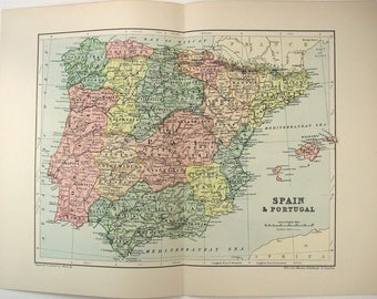 Spain + Portugal - Original 1895 Map by W & A. K. Johnston. Antique Original Map