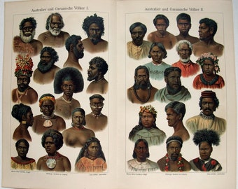 Australian & Pacific Islanders - Original 1905 Chromo-Lithograph by Meyers. Australia Aborigine