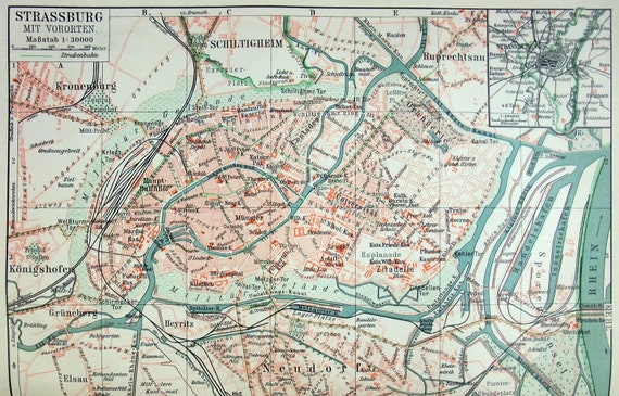 Strasbourg France - 1908 City Map by Meyers. Strassburg Alsace