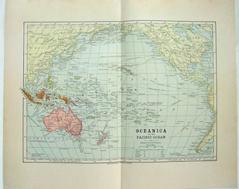 Original 1882 Map of Colonial Oceania by Hunt & Eaton. Antique