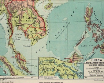 Southeast Asia & SE China- Original 1901 Physical Map by Longmans