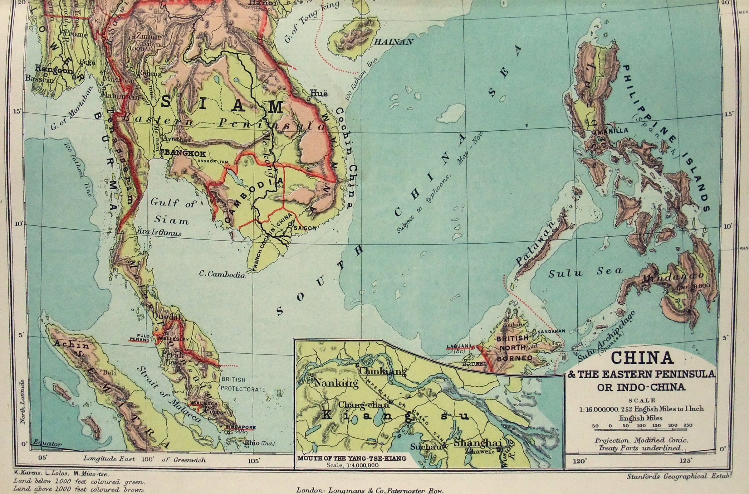 Southeast Asia & SE China- Original 1901 Physical Map by Longmans