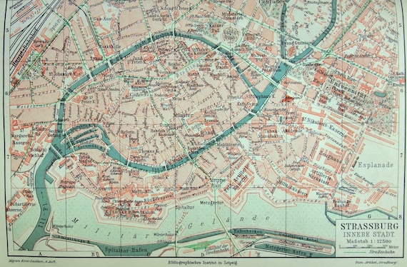 Strasbourg France - 1908 City Map by Meyers. Strassburg Alsace