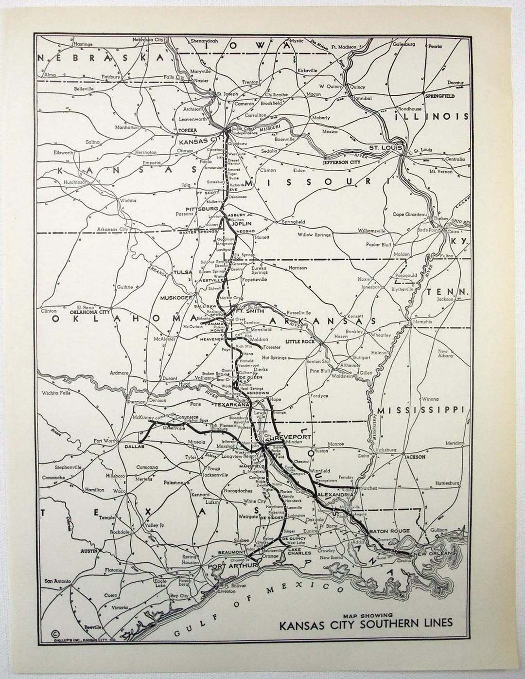 Kansas City Southern - Original 1941 Railroad System Map by Gallup's ...