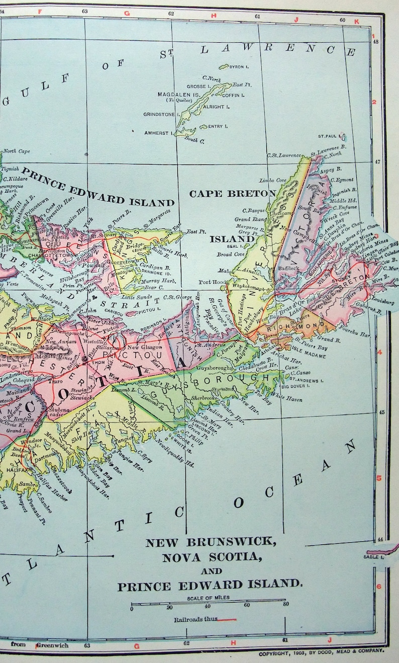 Original 1903 Map of New Brunswick Nova Scotia and PEI Etsy