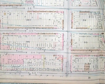 Carte de Midtown Manhattan de 1880 : de la 6e à la 9e avenue à partir des rues W53e-59e. L'histoire vintage de New York.