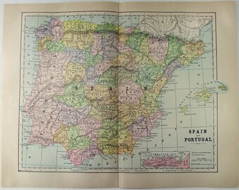 Original 1902 Map of Spain and Portugal by Fisk & Company. Antique Original Map
