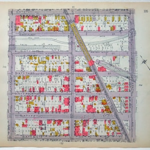 May include: A vintage map of New York City, showing the streets and blocks between 60th and 66th Streets, and 13th and 14th Avenues. The map is printed in black, red, and yellow on a light purple background. The map includes street names and numbers.