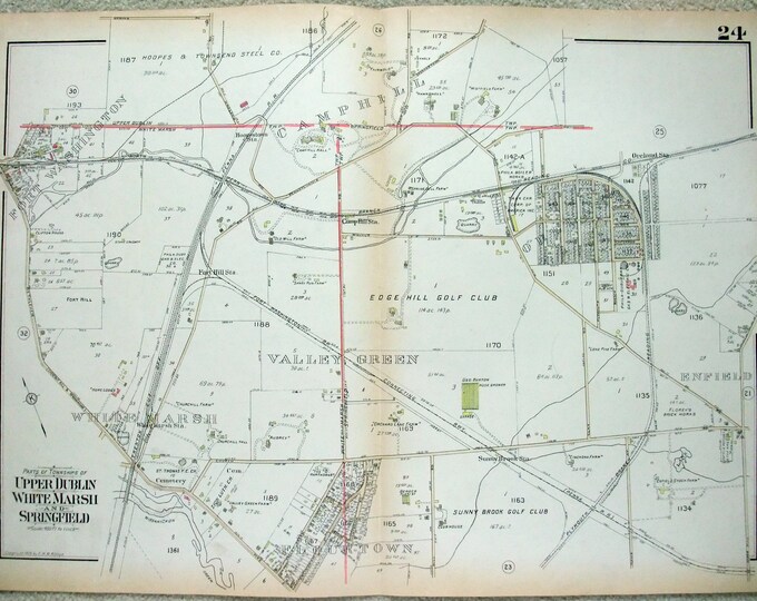 Large Original 1927 Map of Parts of Flourtown & Fort Washington Upper Dublin, White Marsh