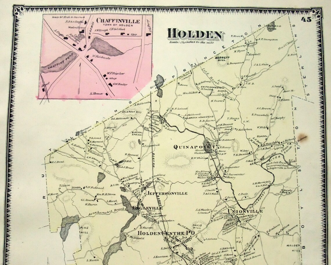 Holden Massachusetts. 1870 Map by FW Beers. Hand Colored.  Etsy