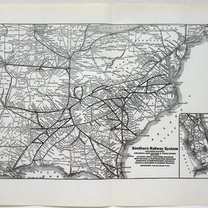 Southern Railway - Original 1941 Railroad System Map by Poole Brothers. Vintage