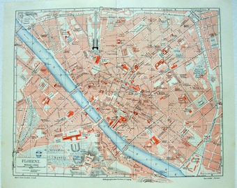Florence, Italy - Original 1909 City Map by Meyers. Antique Original Map