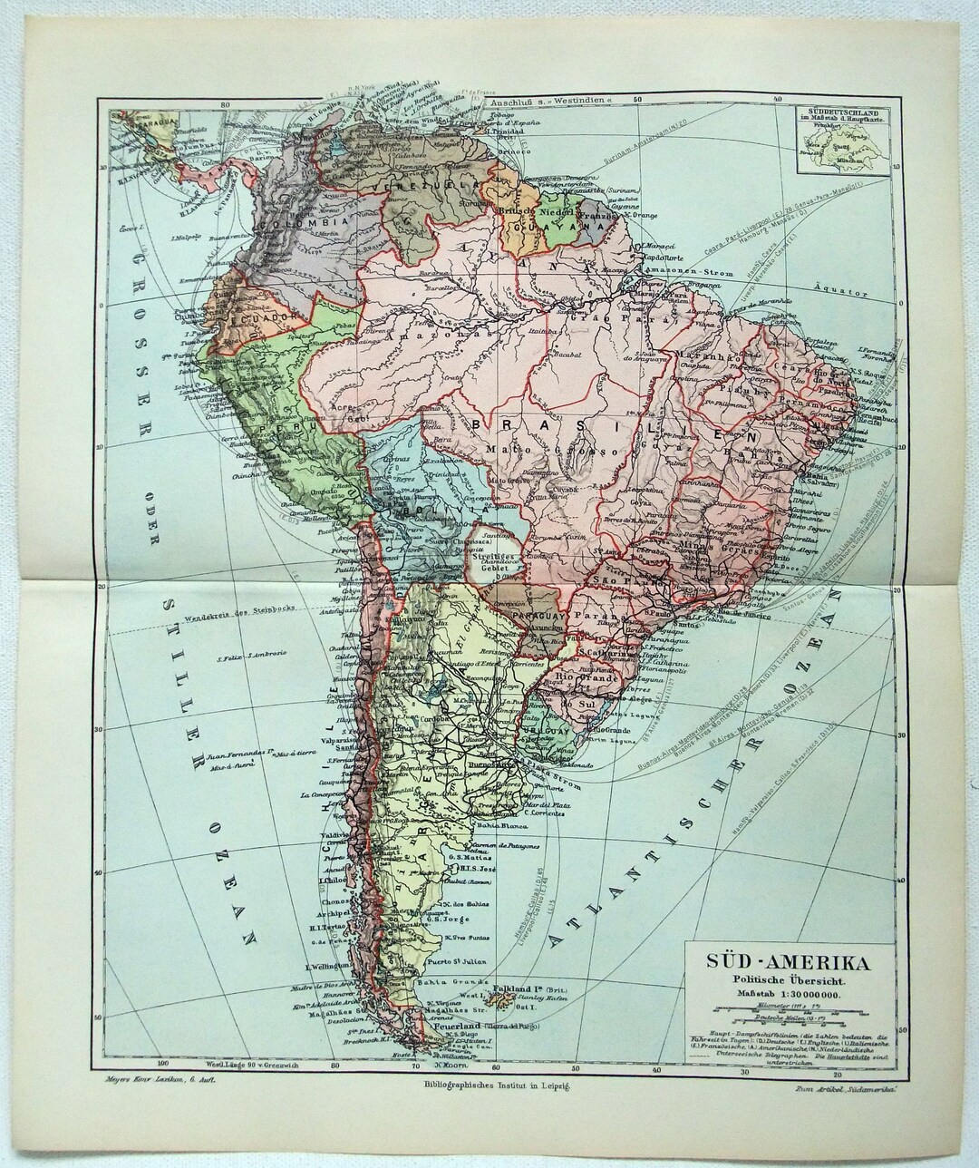 South America - Original 1908 Map by Meyers. Antique - Etsy