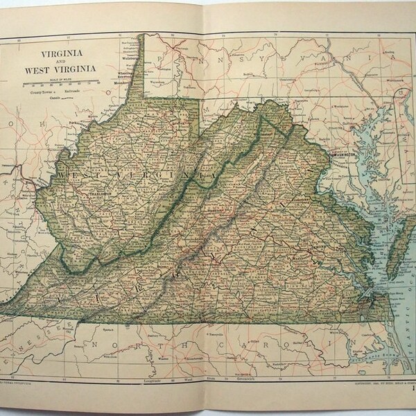 Original 1893 Map of Virginia and West Virginia by Dodd Mead & Company. Antique