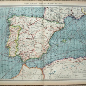 Spanien und Portugal: Industrien und Kommunikation - Original Karte c1907 von George Philip & Sons. Antik.