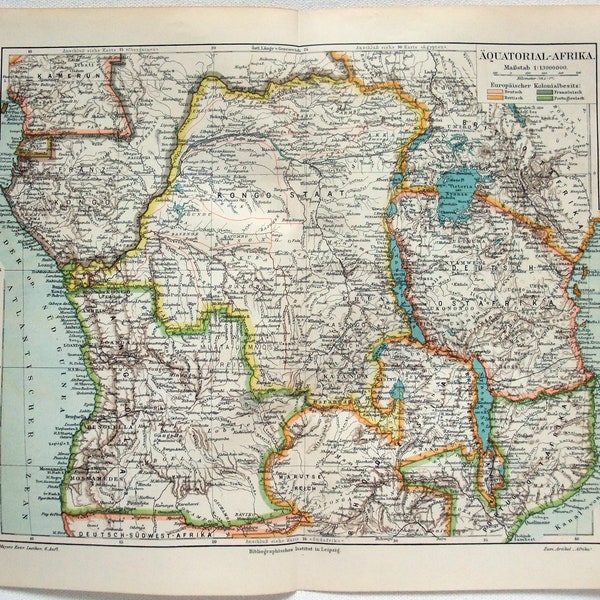 Equatorial Africa - Original 1905 Map by Meyers. Antique Colonial Era Artifact