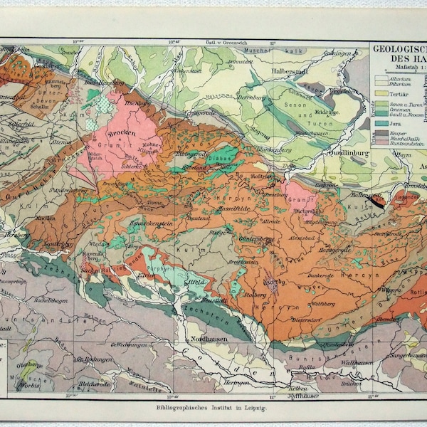 Harz Mountains, Germany - Original 1909 Geological Map by Meyers.
